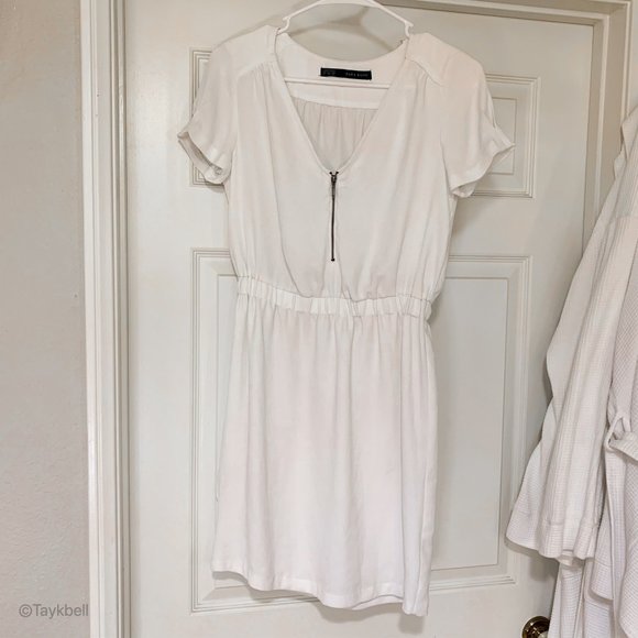 Zara white summer dress front zipper cinch waist - Picture 1 of 7